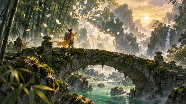 东方奇幻教学示范：披风旅人与竹林中的发光纸鹿